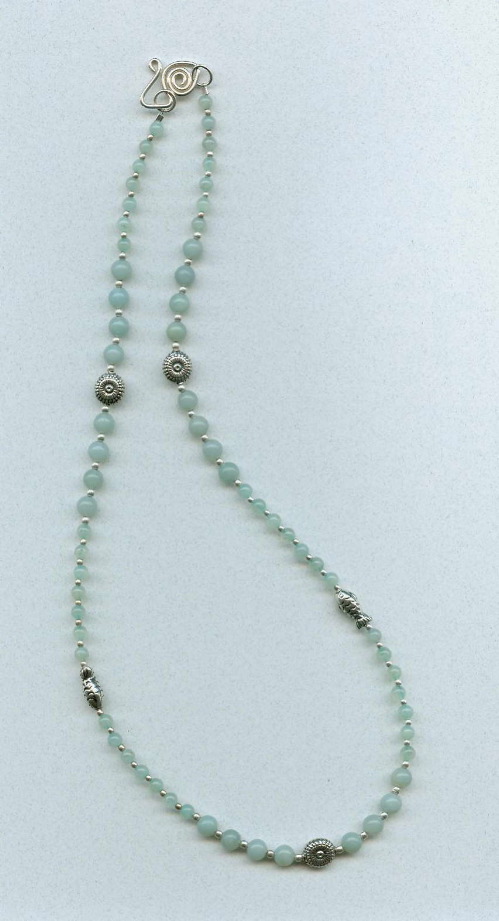 silver shells, fish, and amazonite beads